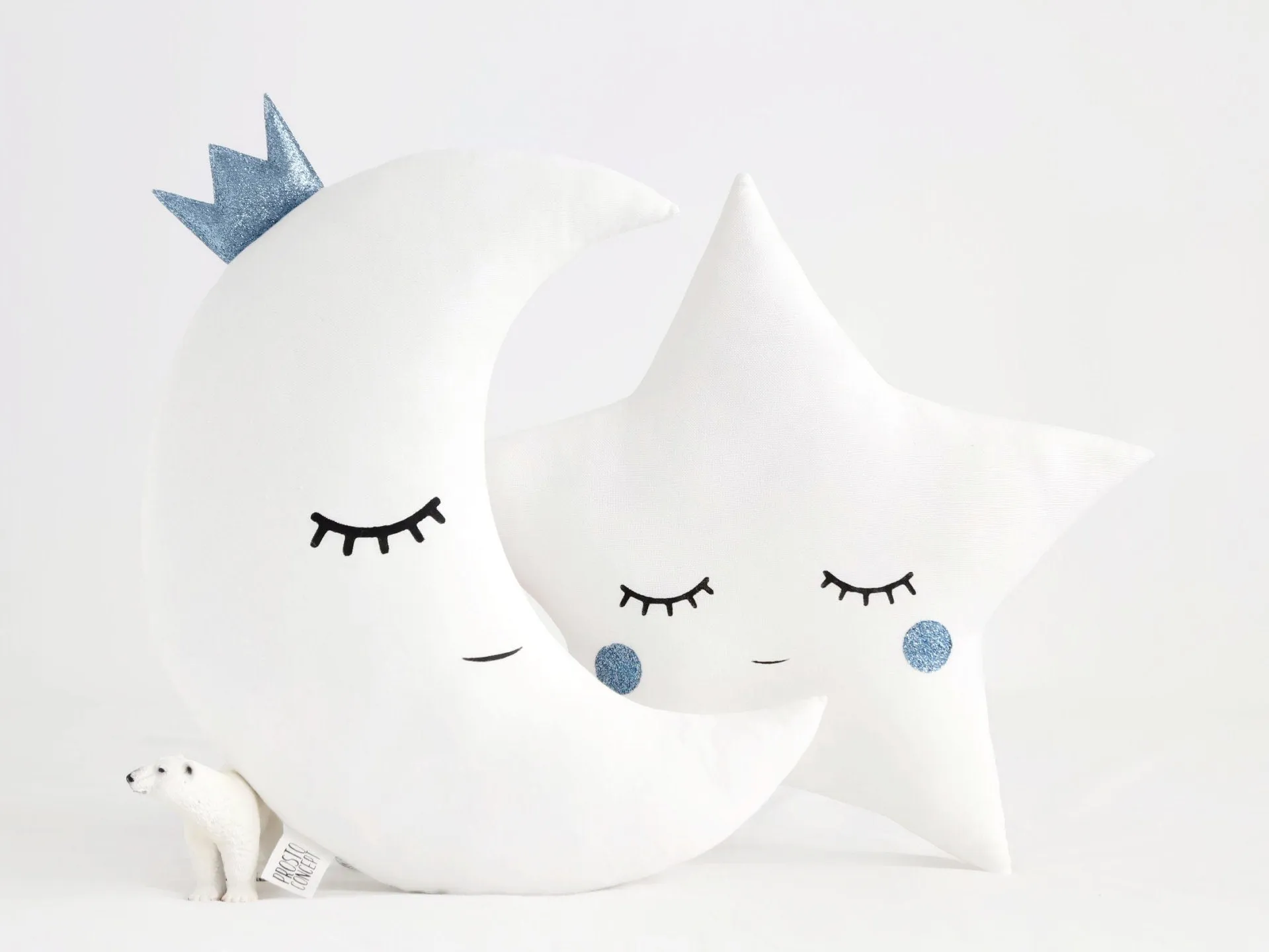 Set of 2 White Pillows - Crescent Moon and Star Pillows with Glitter Touch (5 colors)