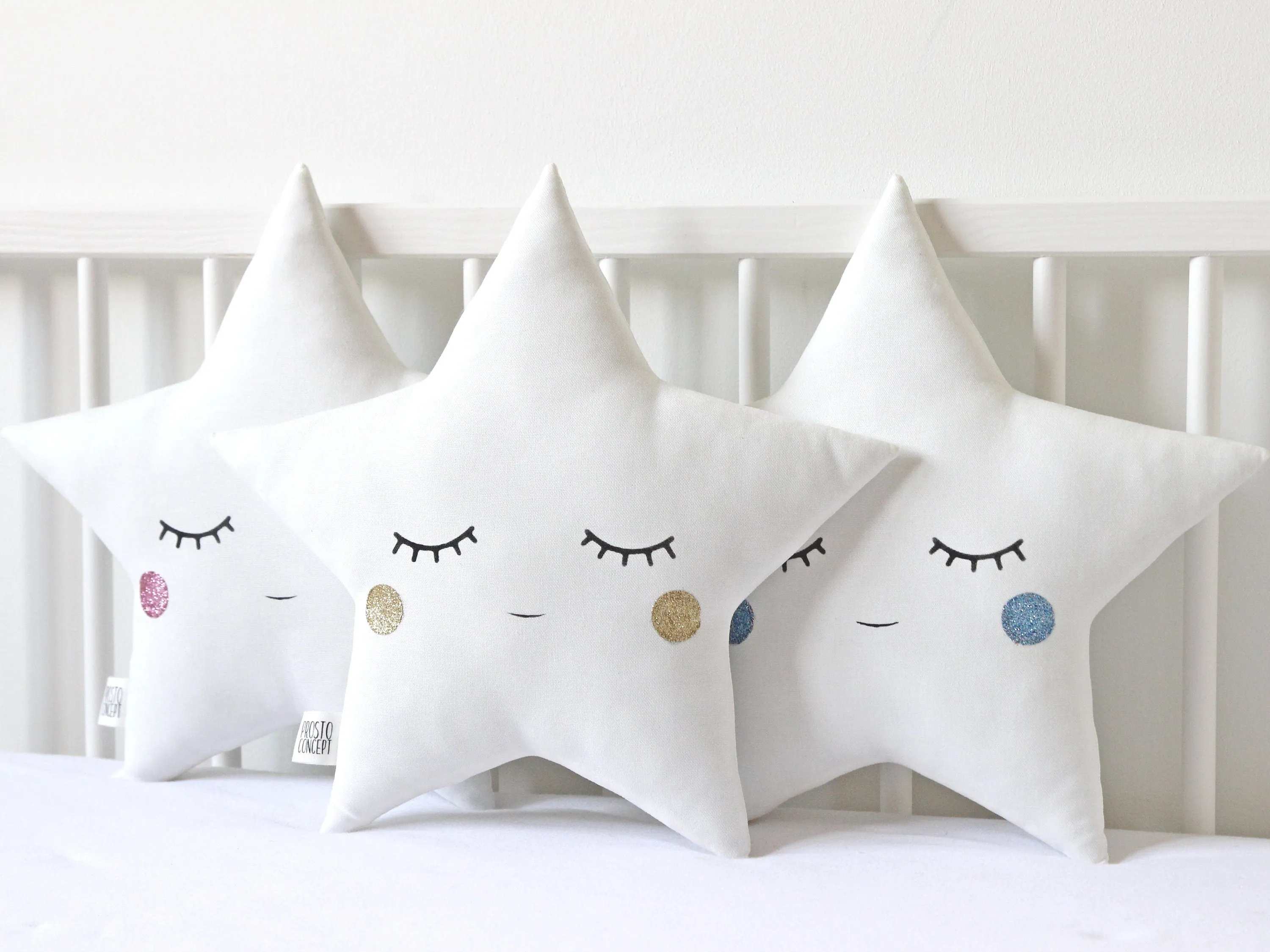 Set of 2 White Pillows - Crescent Moon and Star Pillows with Glitter Touch (5 colors)