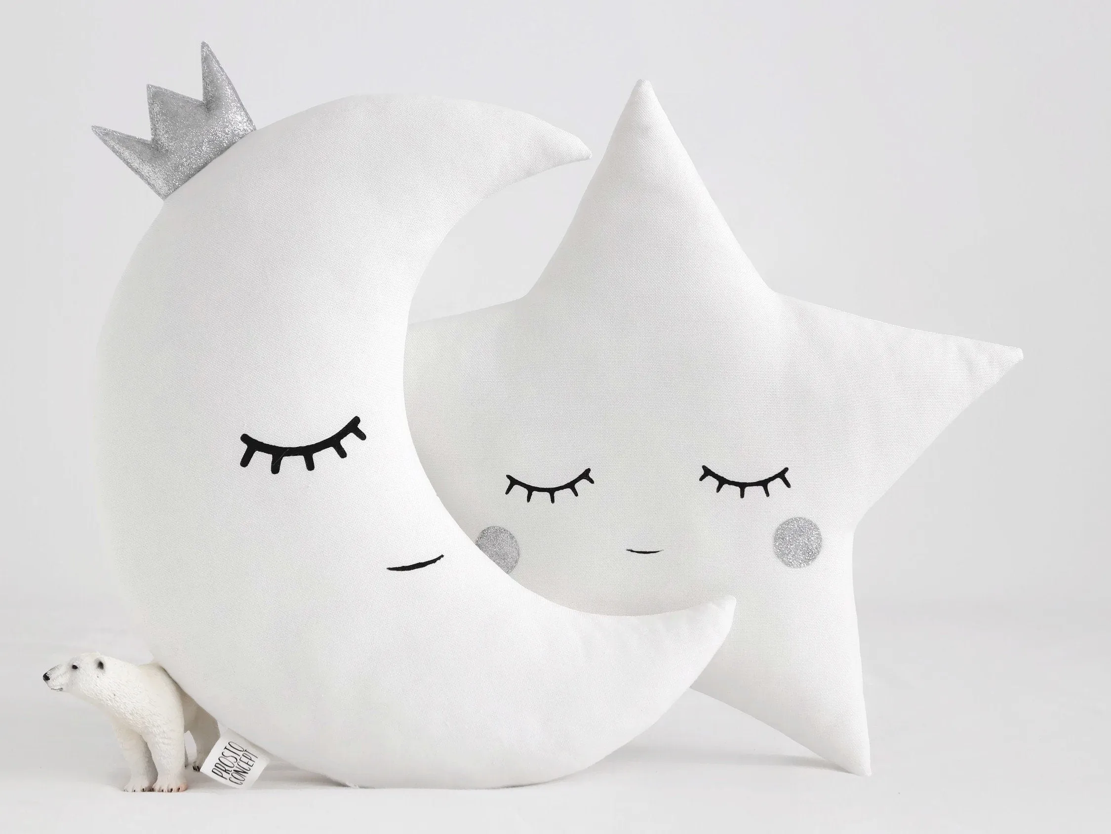 Set of 2 White Pillows - Crescent Moon and Star Pillows with Silver Touch