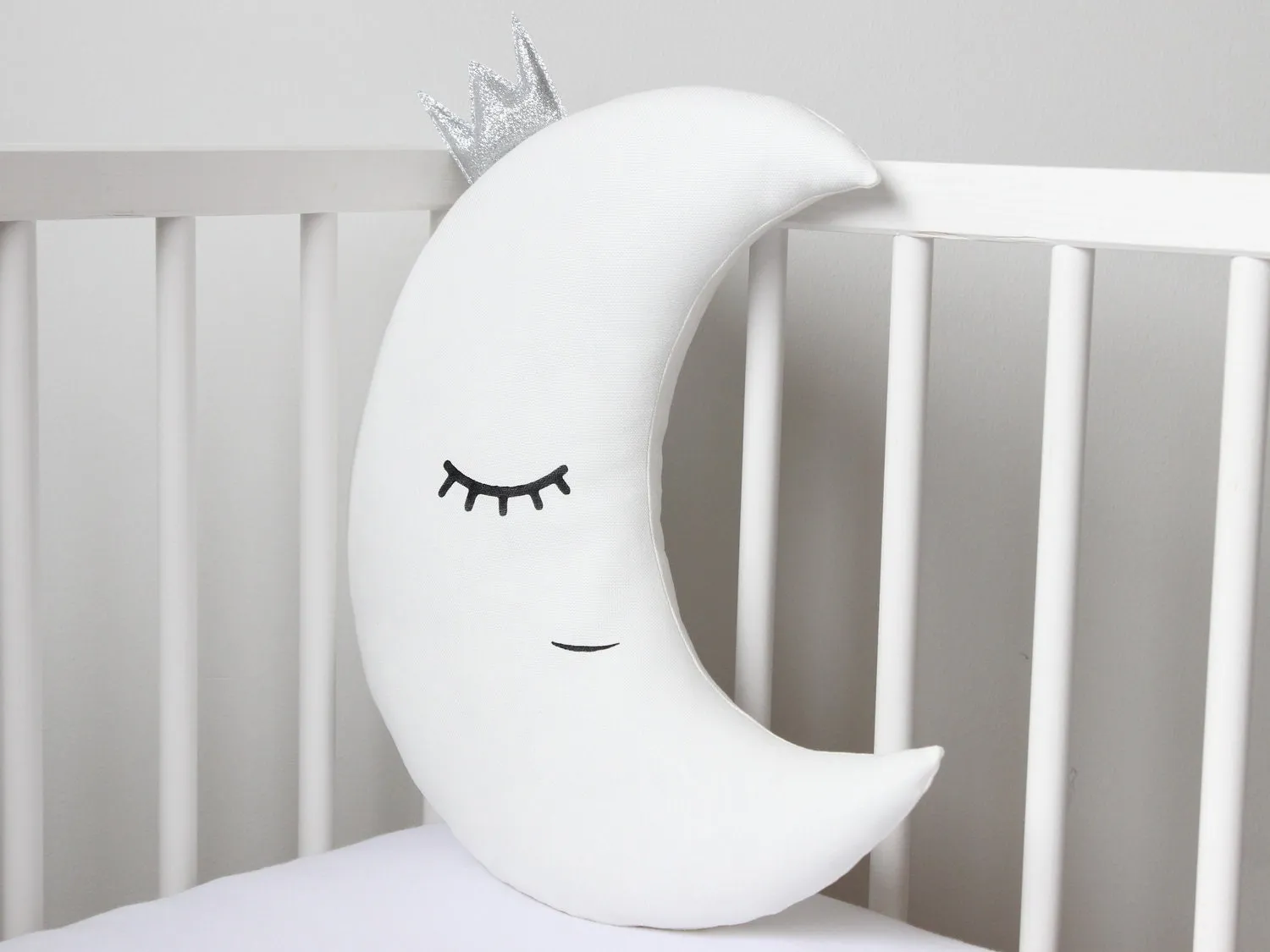 Set of 2 White Pillows - Crescent Moon and Star Pillows with Silver Touch