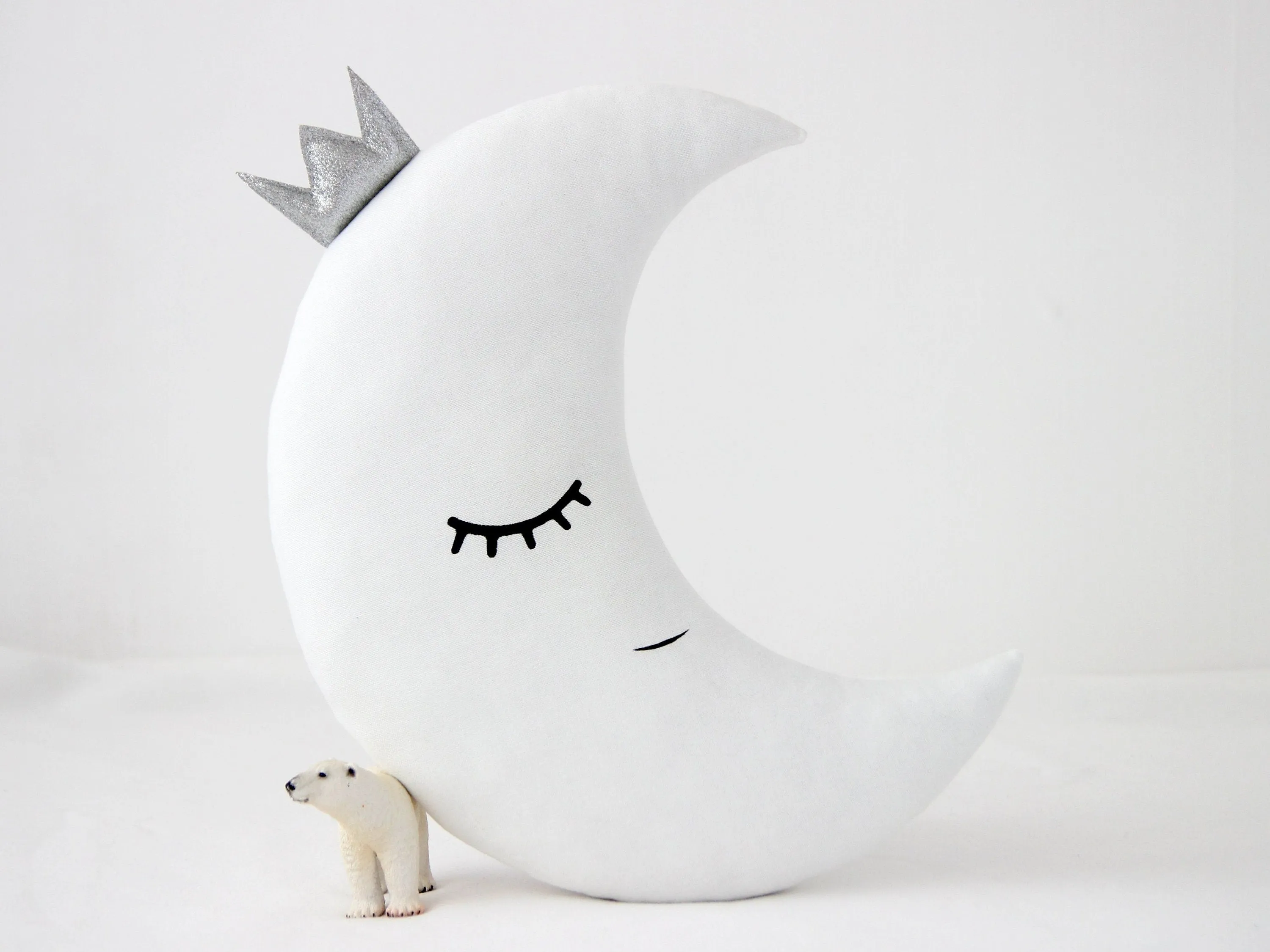 Set of 2 White Pillows - Crescent Moon and Star Pillows with Silver Touch