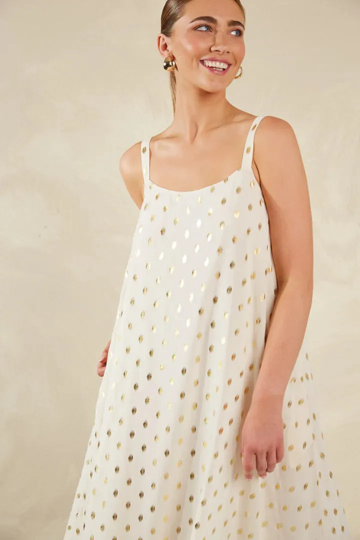 Shimmering Gold Foil Tank Dress - White