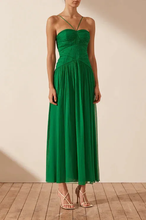 Shona Joy Malina Ruched Bodice Midi Dress- Tree Green