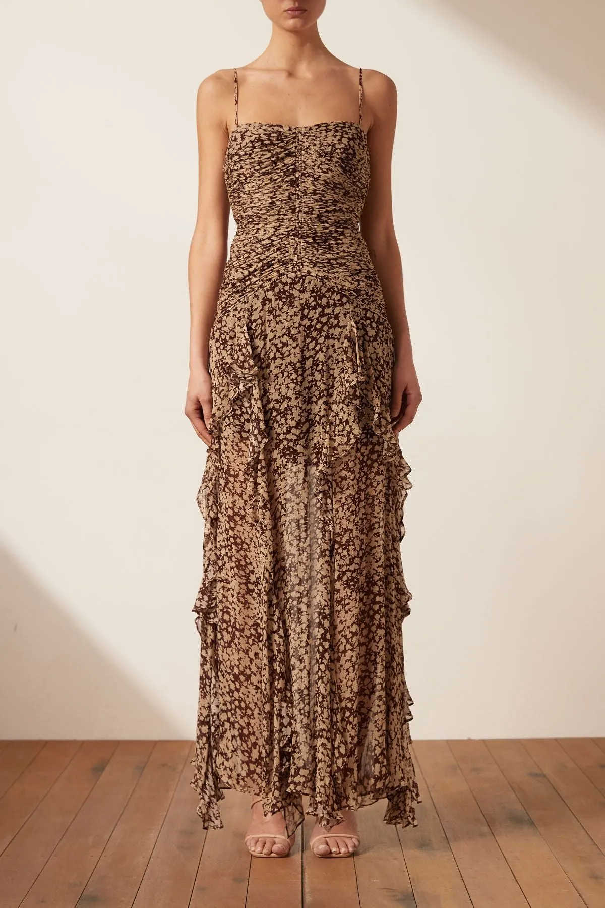 Shona Joy Valeria Ruched Frill Maxi Dress