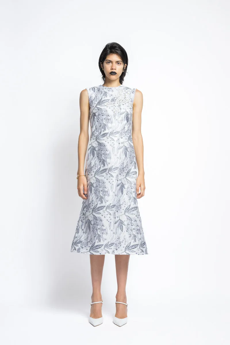 Silver Bay Leaf Jacquard With Hand Embroidery Shift Dress