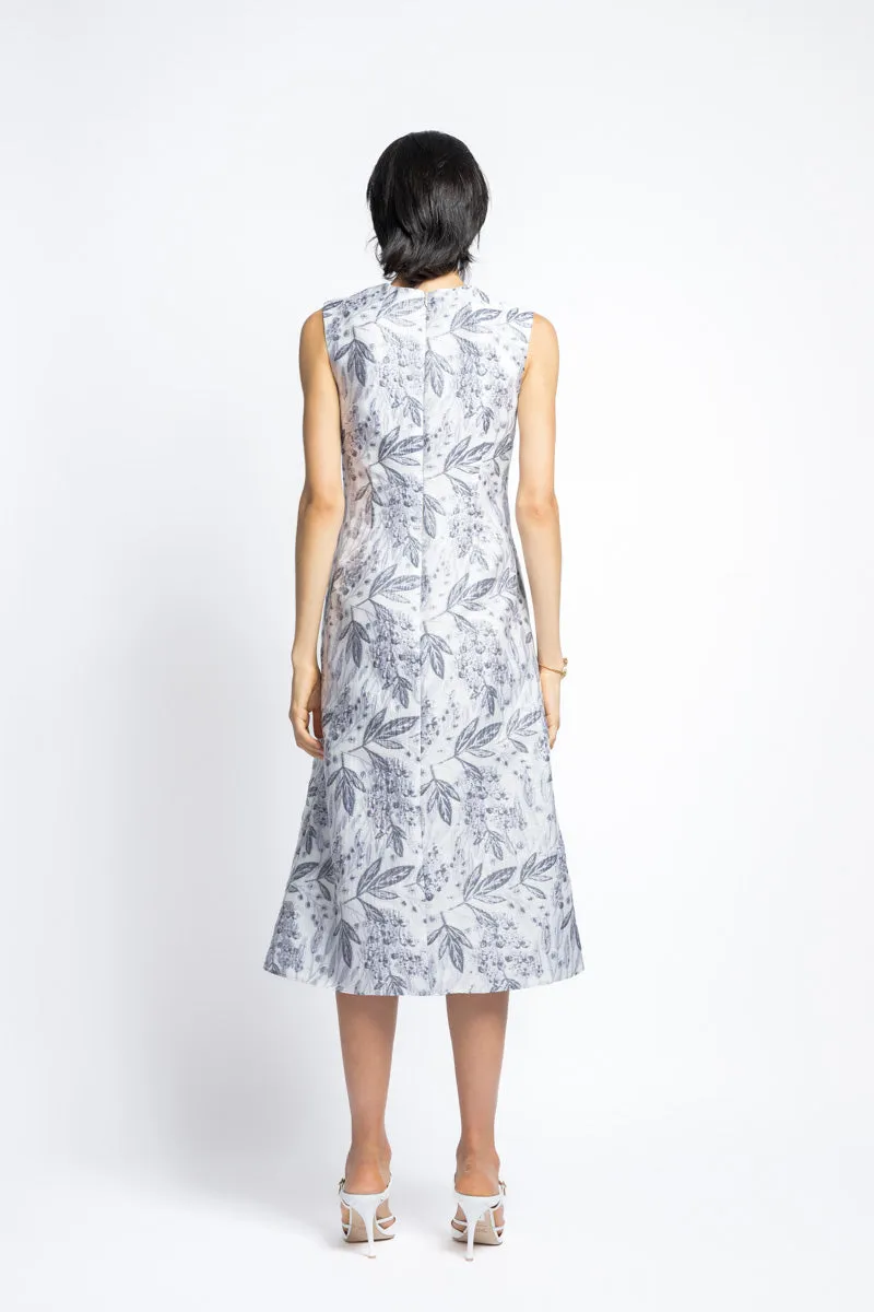 Silver Bay Leaf Jacquard With Hand Embroidery Shift Dress