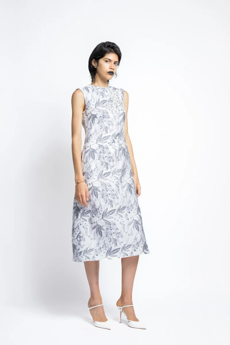 Silver Bay Leaf Jacquard With Hand Embroidery Shift Dress