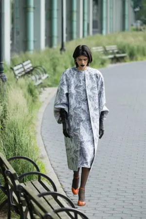 Silver Bay Leaf Jacquard With Hand Embroidery Shift Dress