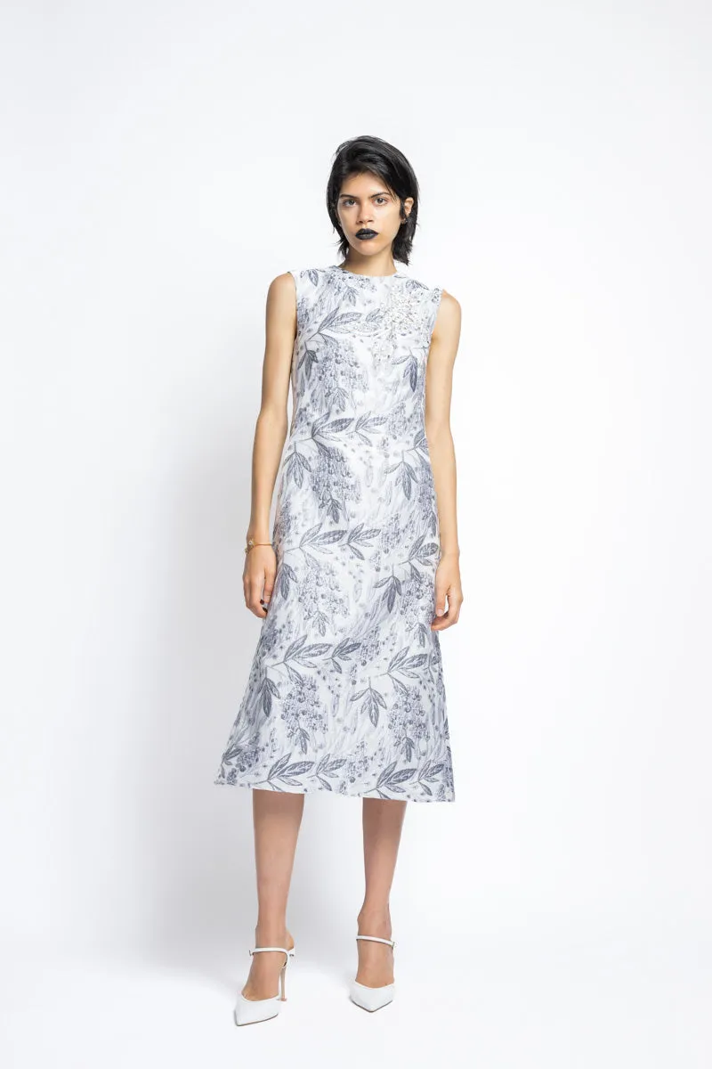 Silver Bay Leaf Jacquard With Hand Embroidery Shift Dress