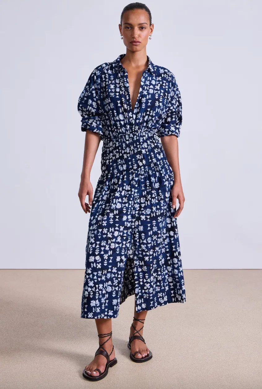 Sophia Smocked Shirt Dress - Batik Geo Indigo