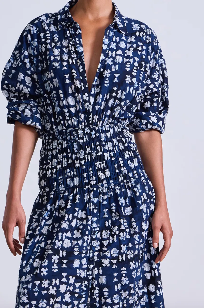 Sophia Smocked Shirt Dress - Batik Geo Indigo