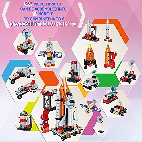 Space Exploration Shuttle Toys for 6 7 8 9 10 11 12 Year Old Boys 12-in-1 STEM Aerospace Building Kit Toy with Heavy Transport Rocket and Launcher Best Gifts for 6-12 Year Old Boys (566 Pieces)