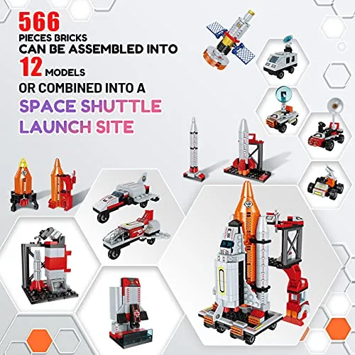 Space Exploration Shuttle Toys for 6 7 8 9 10 11 12 Year Old Boys 12-in-1 STEM Aerospace Building Kit Toy with Heavy Transport Rocket and Launcher Best Gifts for 6-12 Year Old Boys (566 Pieces)