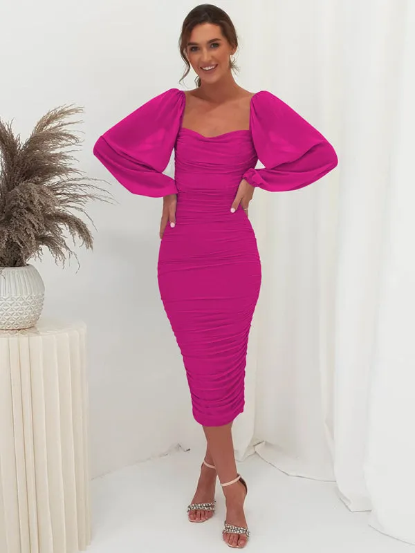 Square neck pleated lantern sleeve slit light Midi dress