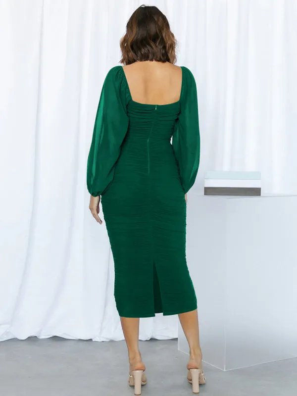 Square neck pleated lantern sleeve slit light Midi dress