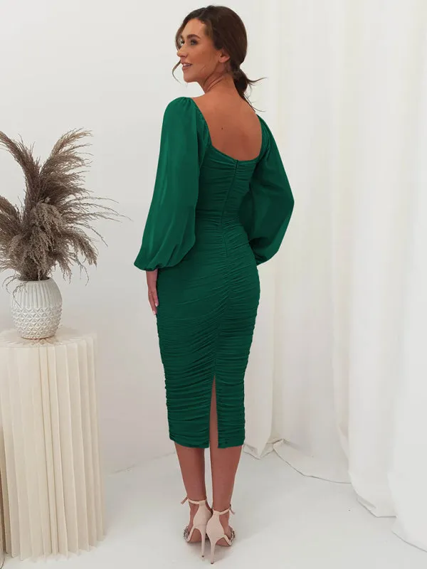 Square neck pleated lantern sleeve slit light Midi dress