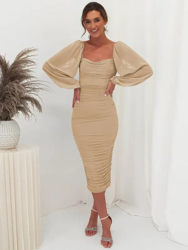 Square neck pleated lantern sleeve slit light Midi dress