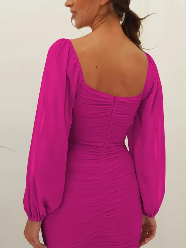 Square neck pleated lantern sleeve slit light Midi dress