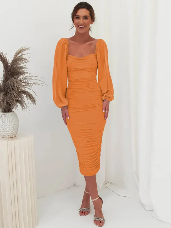Square neck pleated lantern sleeve slit light Midi dress