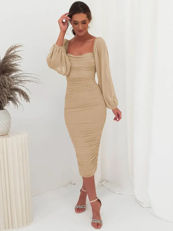 Square neck pleated lantern sleeve slit light Midi dress