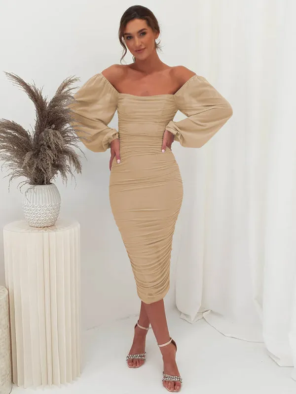 Square neck pleated lantern sleeve slit light Midi dress