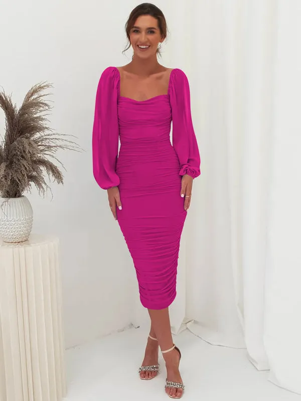 Square neck pleated lantern sleeve slit light Midi dress