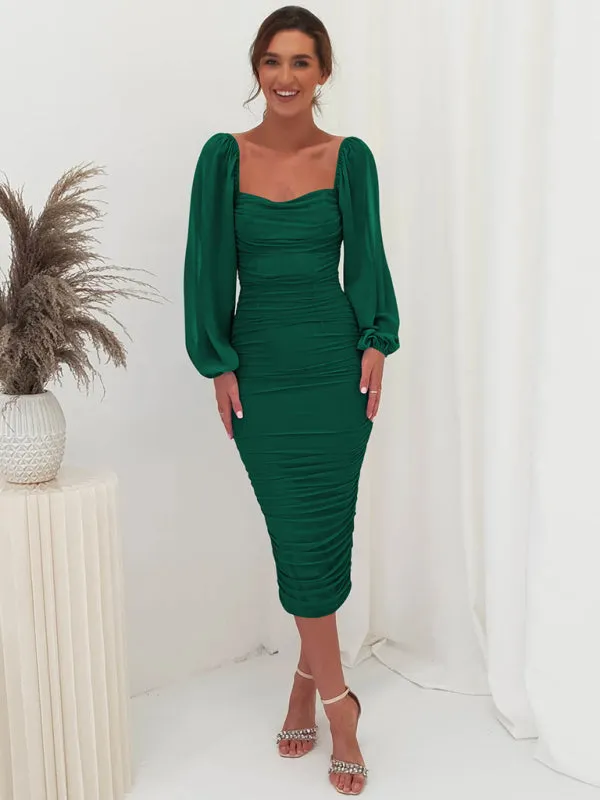 Square neck pleated lantern sleeve slit light Midi dress