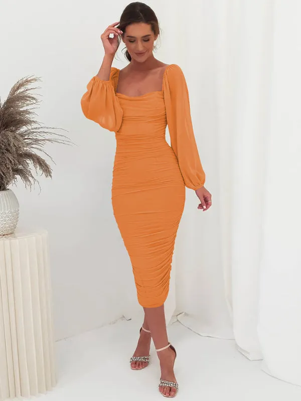 Square neck pleated lantern sleeve slit light Midi dress