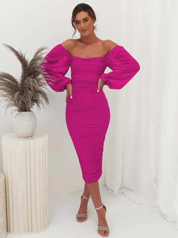 Square neck pleated lantern sleeve slit light Midi dress