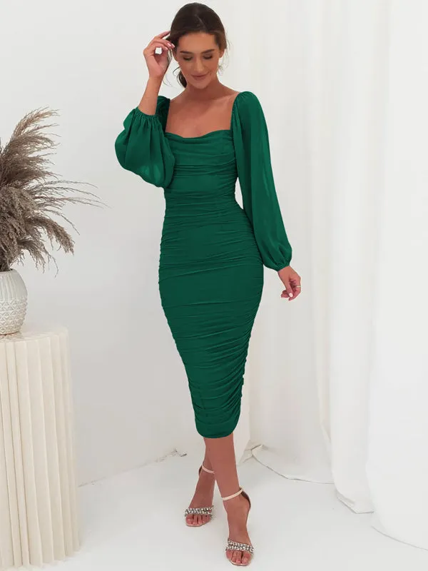 Square neck pleated lantern sleeve slit light Midi dress