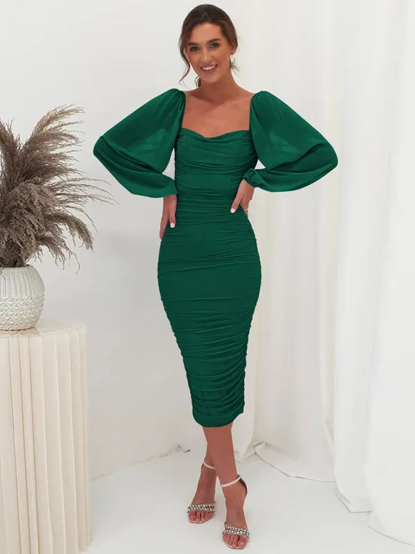 Square neck pleated lantern sleeve slit light Midi dress