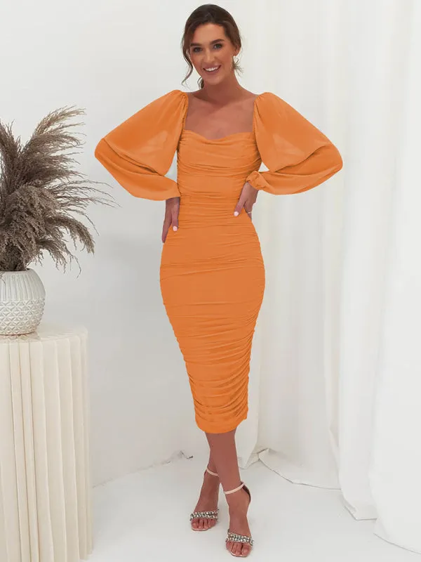 Square neck pleated lantern sleeve slit light Midi dress
