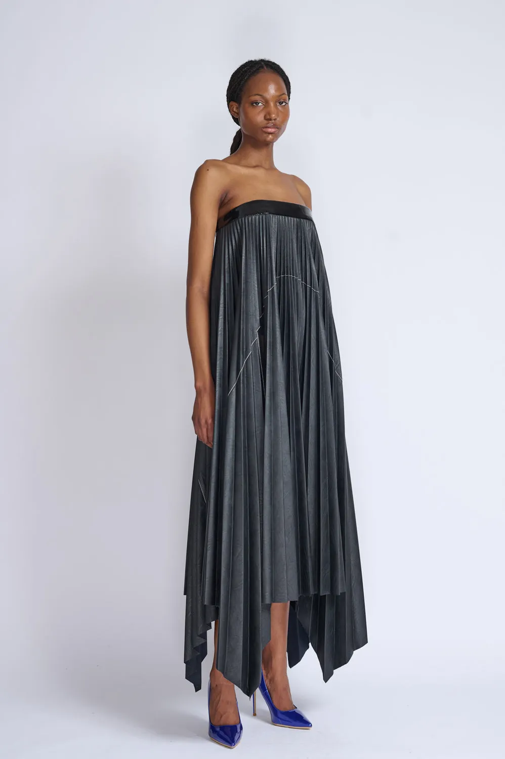 Strapless Vegan Leather Pleated Dress