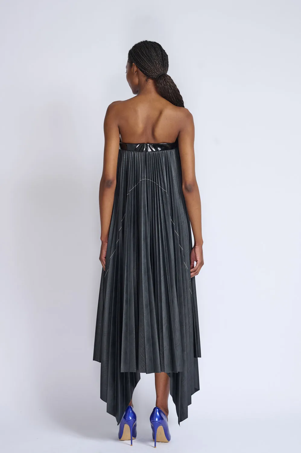 Strapless Vegan Leather Pleated Dress