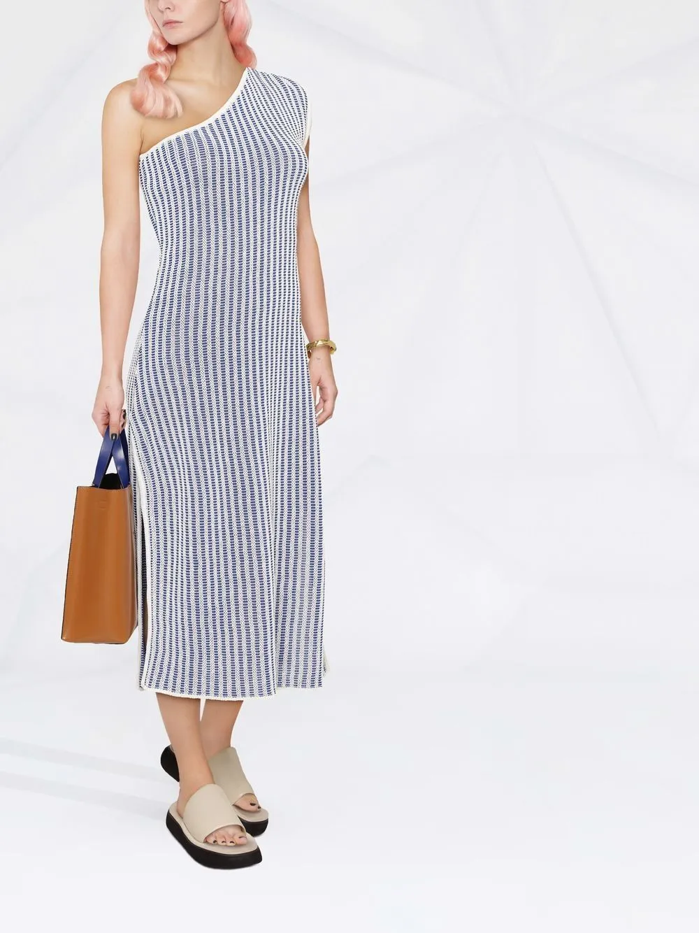 Striped asymmetric midi dress