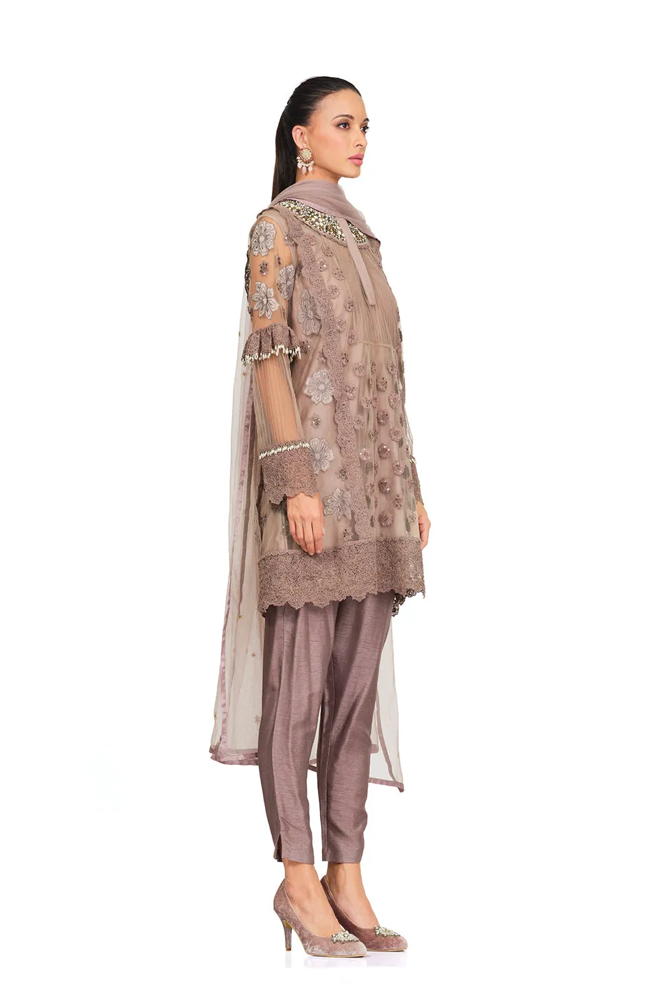 Taupe embroidered neckline tunic set