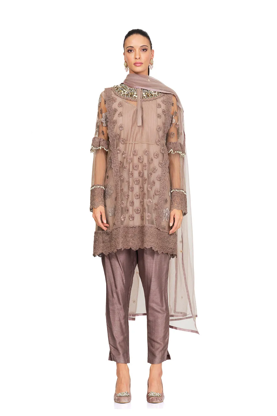 Taupe embroidered neckline tunic set