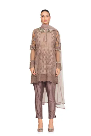 Taupe embroidered neckline tunic set