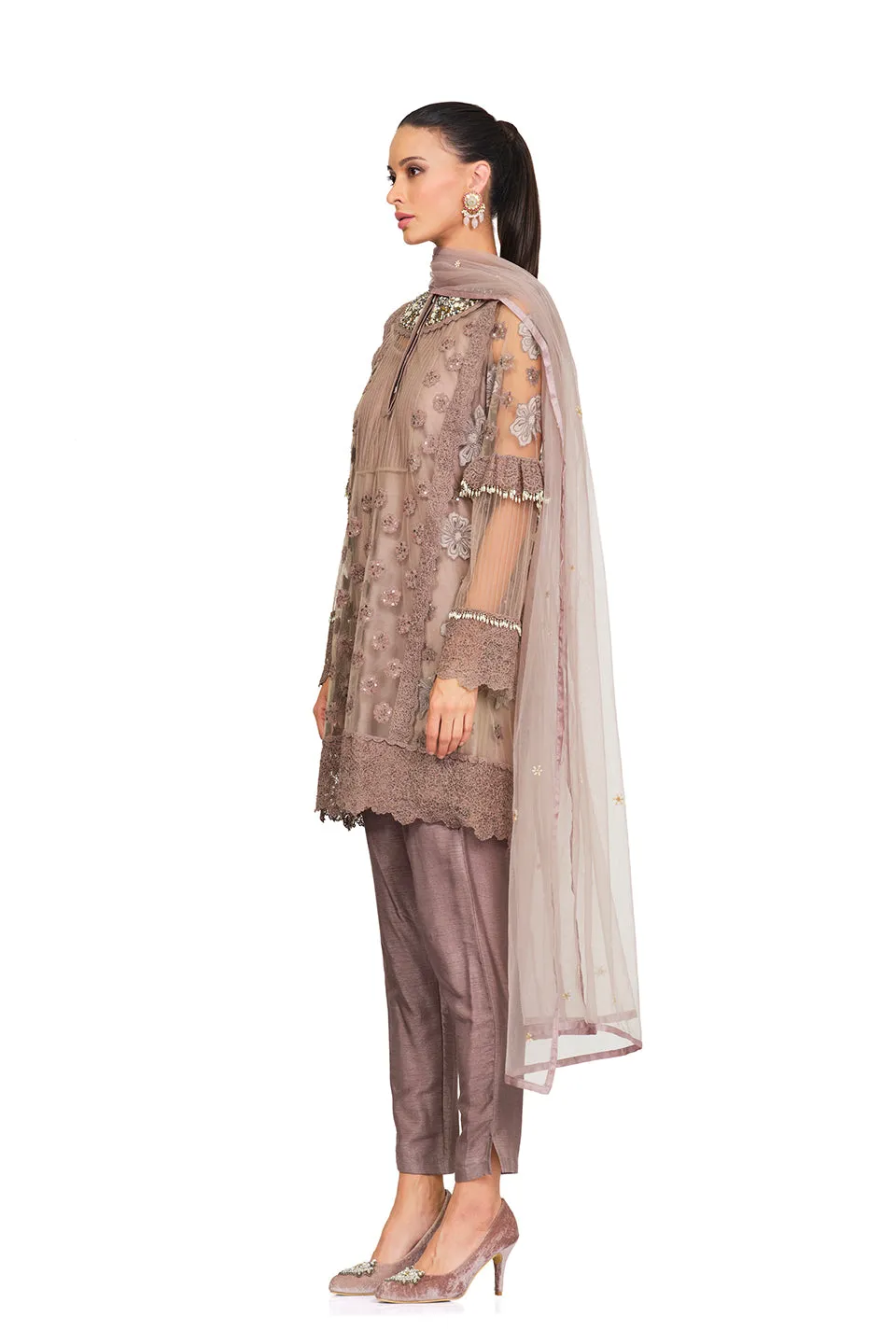 Taupe embroidered neckline tunic set