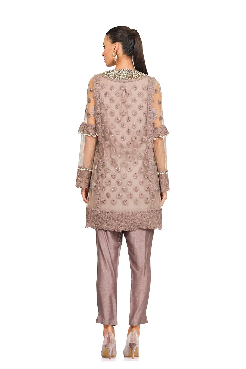 Taupe embroidered neckline tunic set