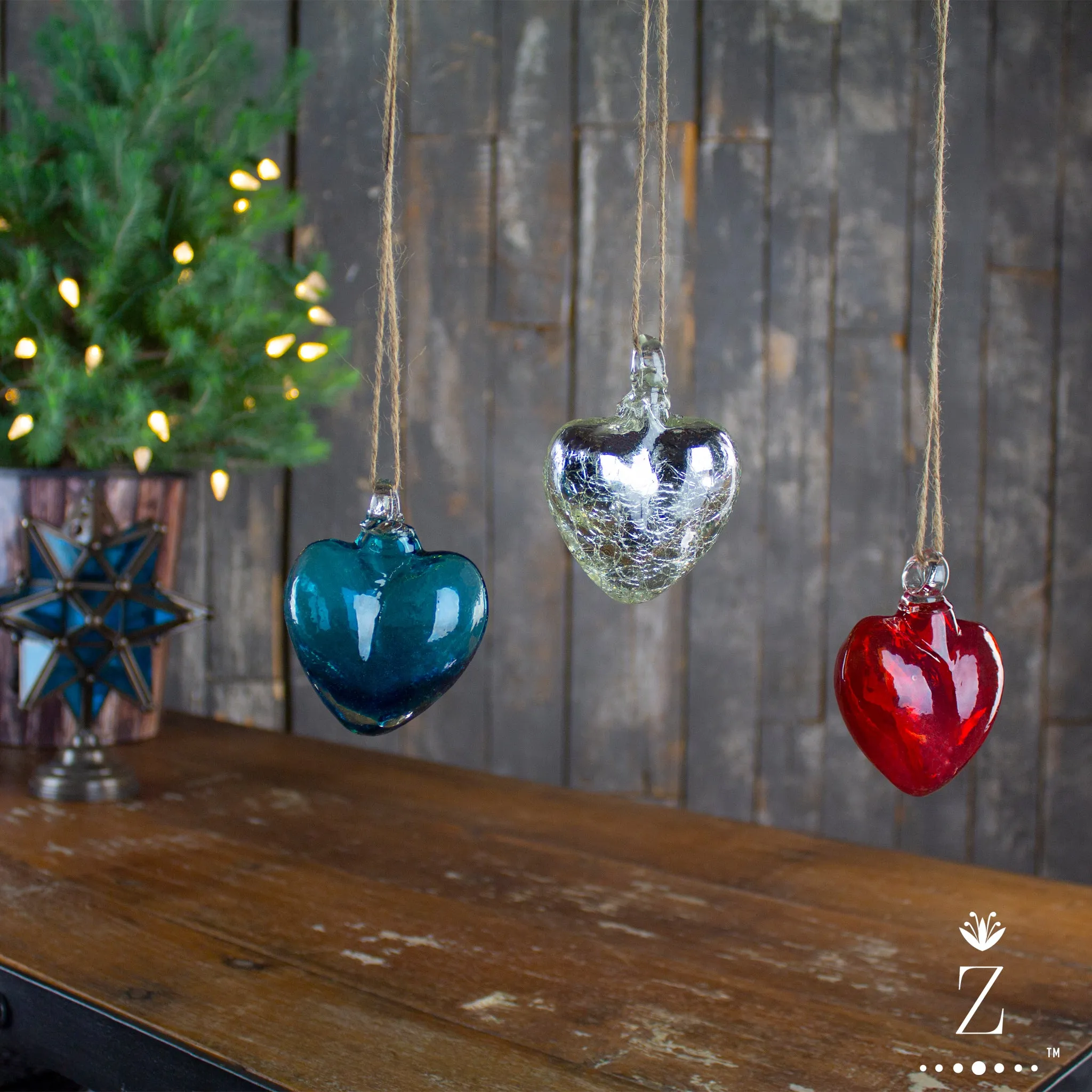 Vestige Heart, Aqua Glass Heart Ornaments.
