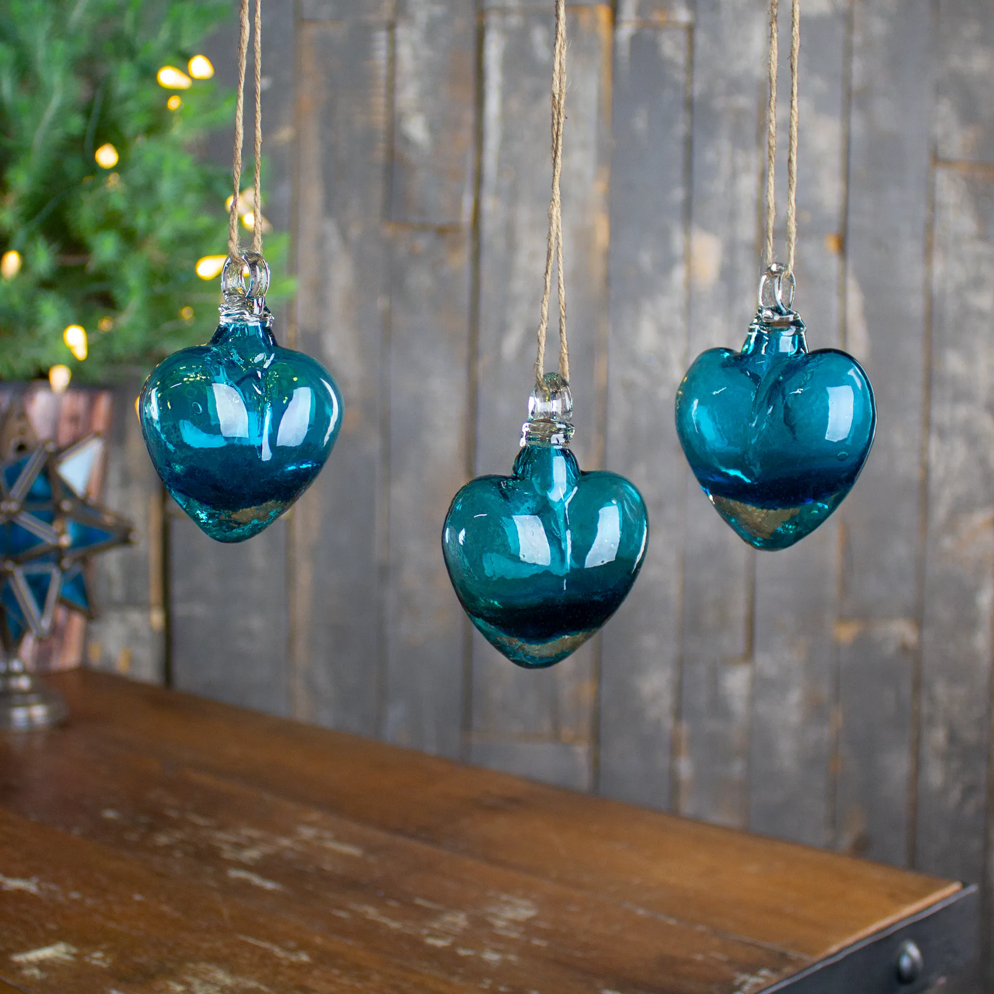 Vestige Heart, Aqua Glass Heart Ornaments.