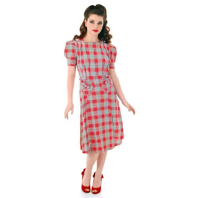 Vintage Red Plaid Dress Cotton Seersucker Deadstock Early 1940s Small