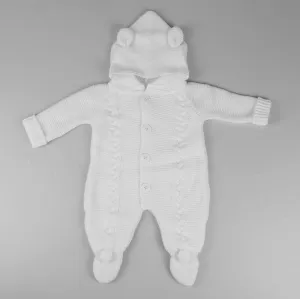White Knitted Baby All In One Pramsuit