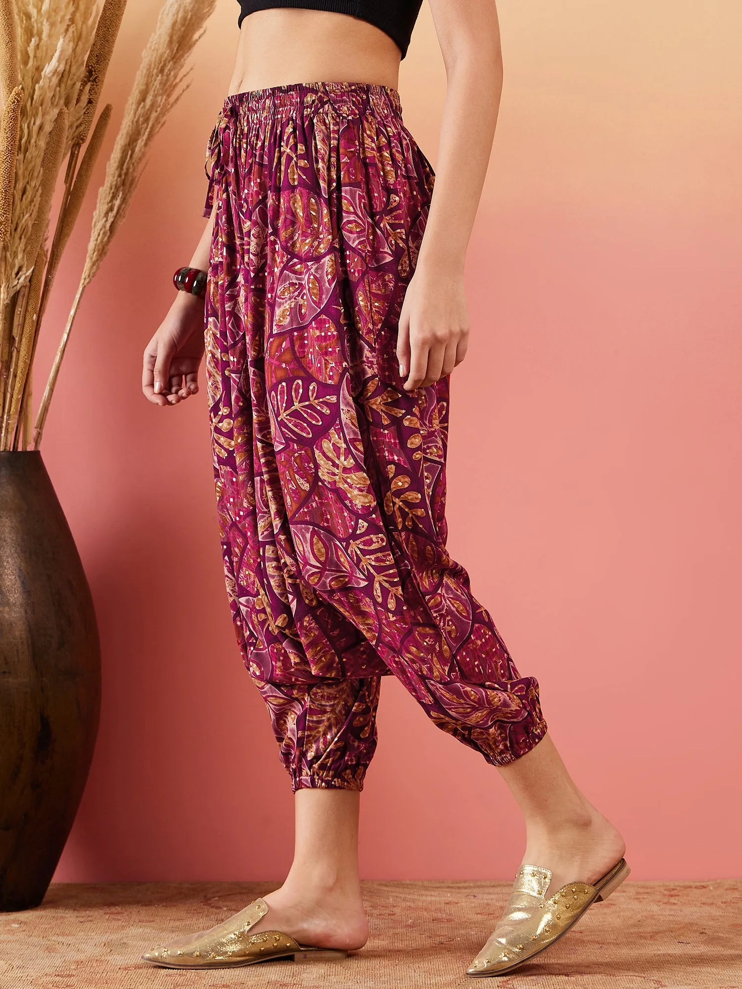 Wine Maroon Leaf Print Foil Harem Pant
