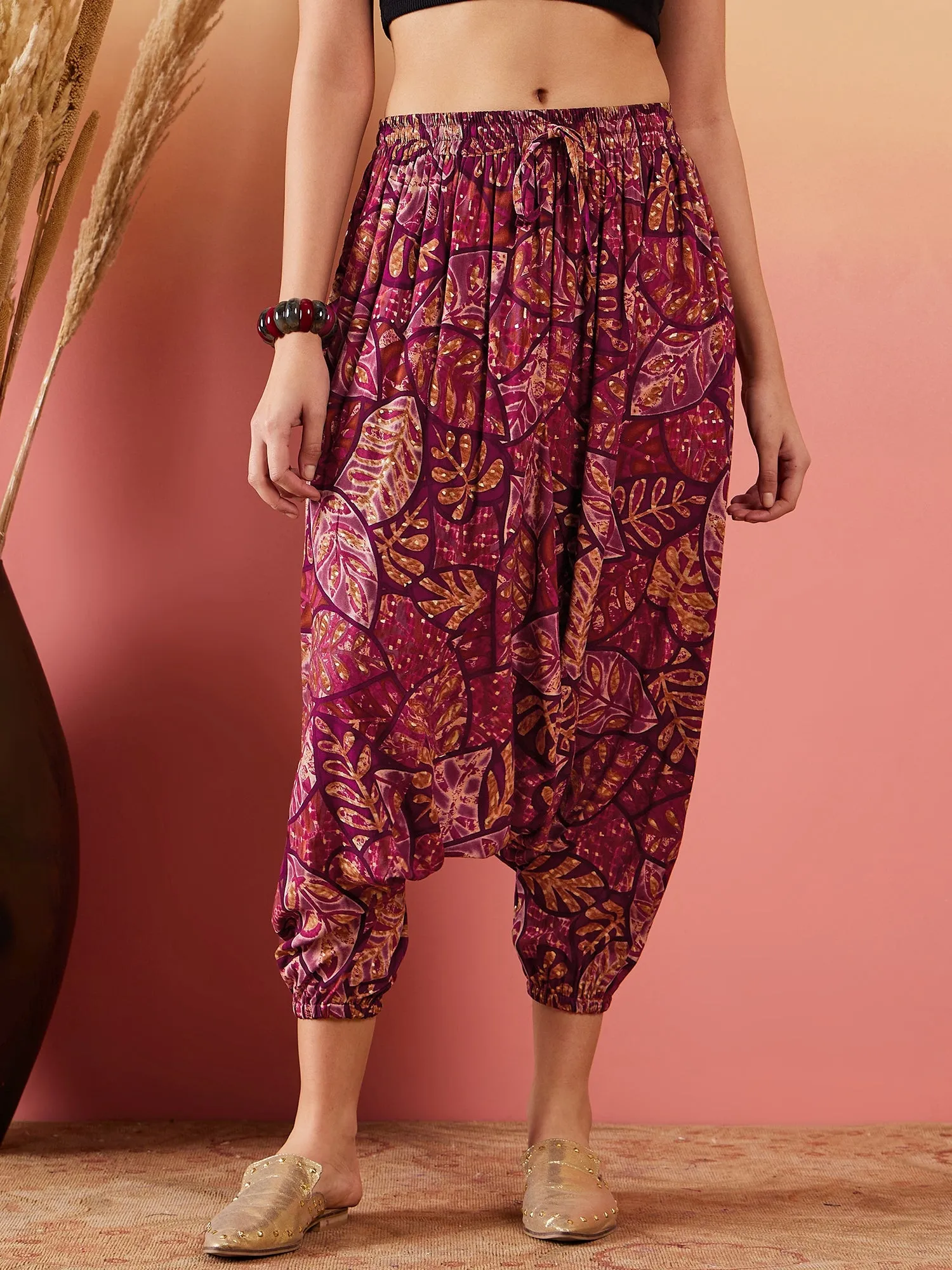 Wine Maroon Leaf Print Foil Harem Pant