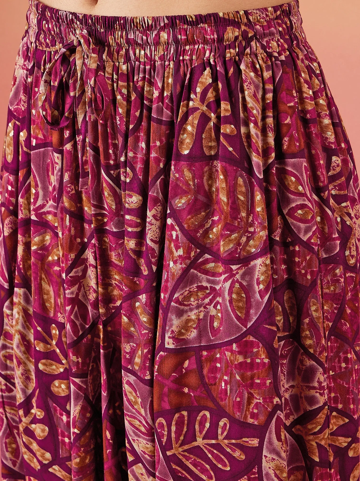 Wine Maroon Leaf Print Foil Harem Pant