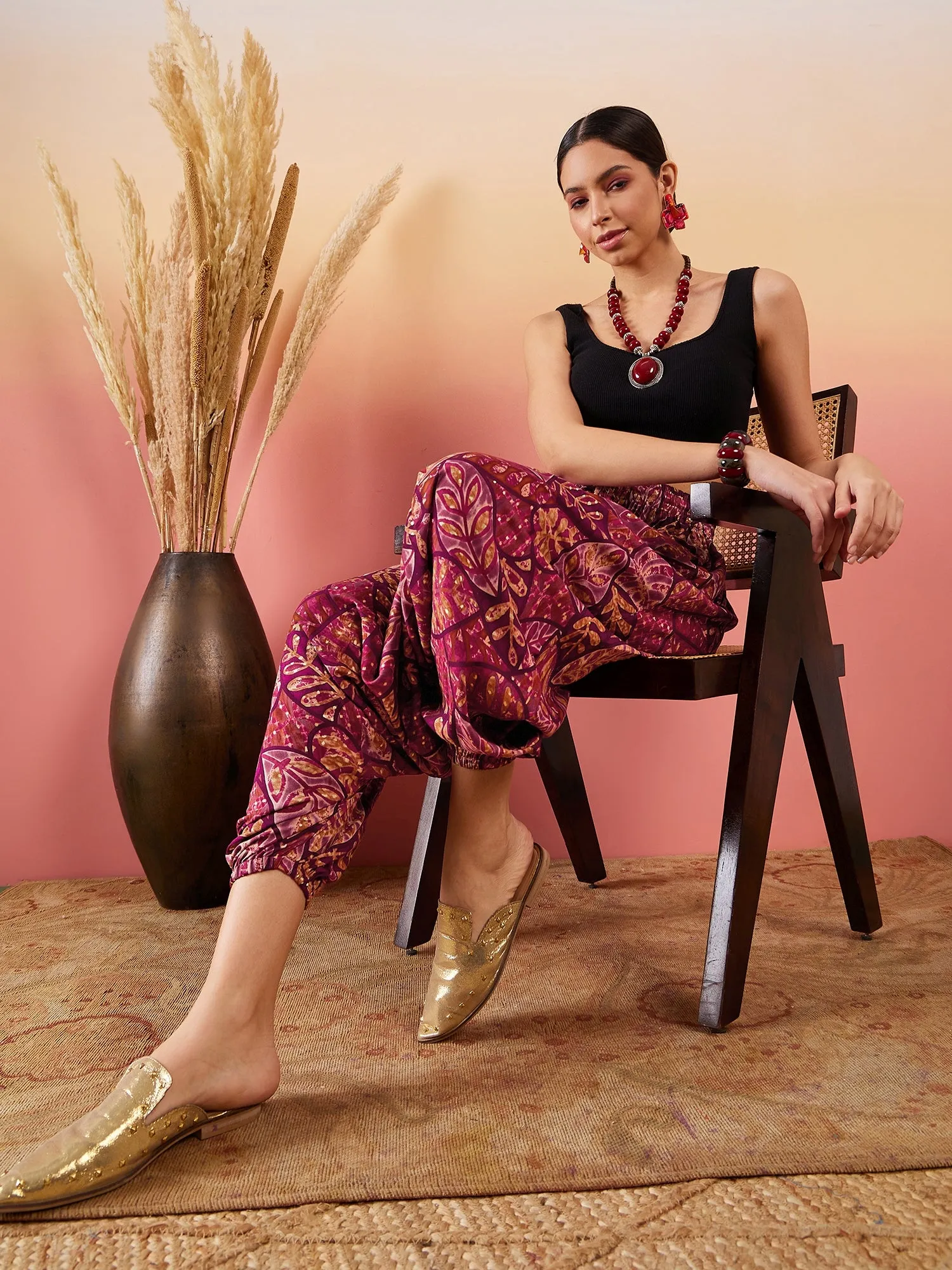 Wine Maroon Leaf Print Foil Harem Pant