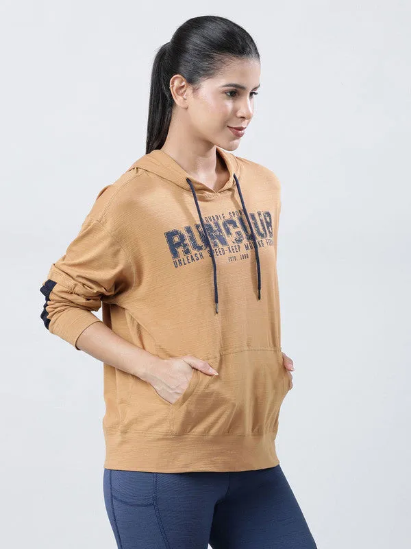 Women Brown Typography Printed Hoodie - UP-HIGH PULLOVER-AV