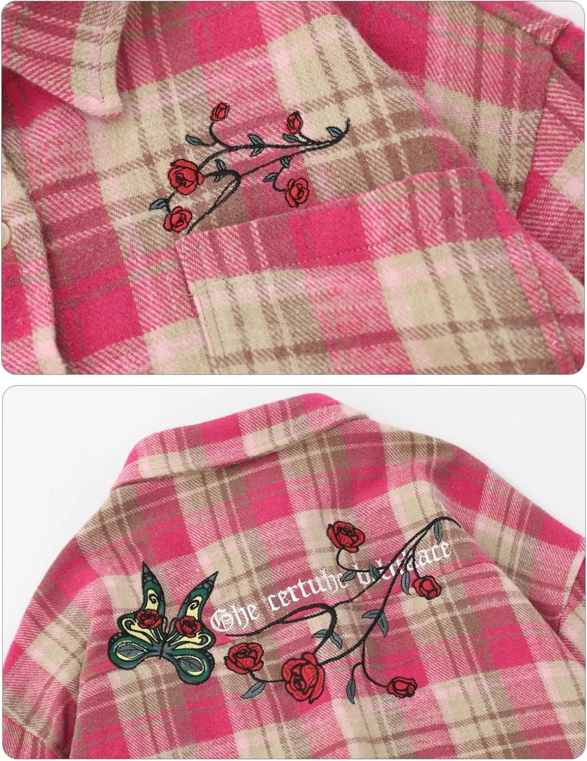 Women's Oversized Button Down Flannel Shirts Long Sleeve Plaid Floral Embroidered Unisex Blouse Top